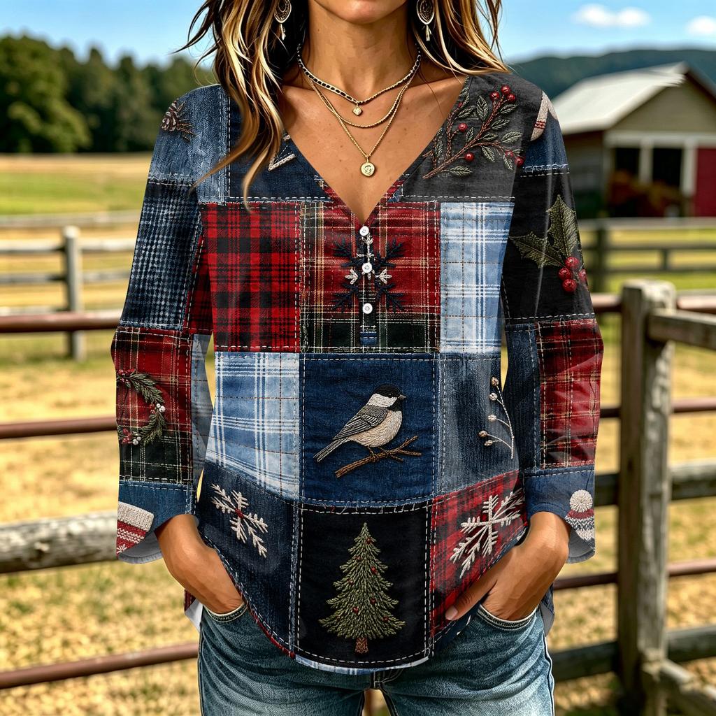 Women's Casual V-Neck Long Sleeve T-Shirt with Christmas Print, Relaxed Fit Holiday Top for Fall and Winter