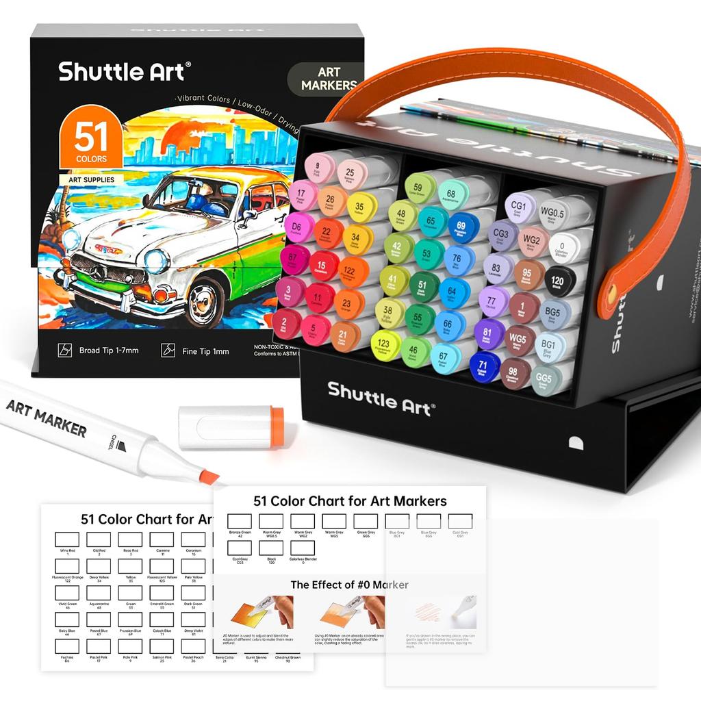 Shuttle Art Illustration Marker with Blender Wide and Fine Carrying Perfect for Coloring and A Great Gift for Adults and 50-Color Set, Oil-Based, Pen,