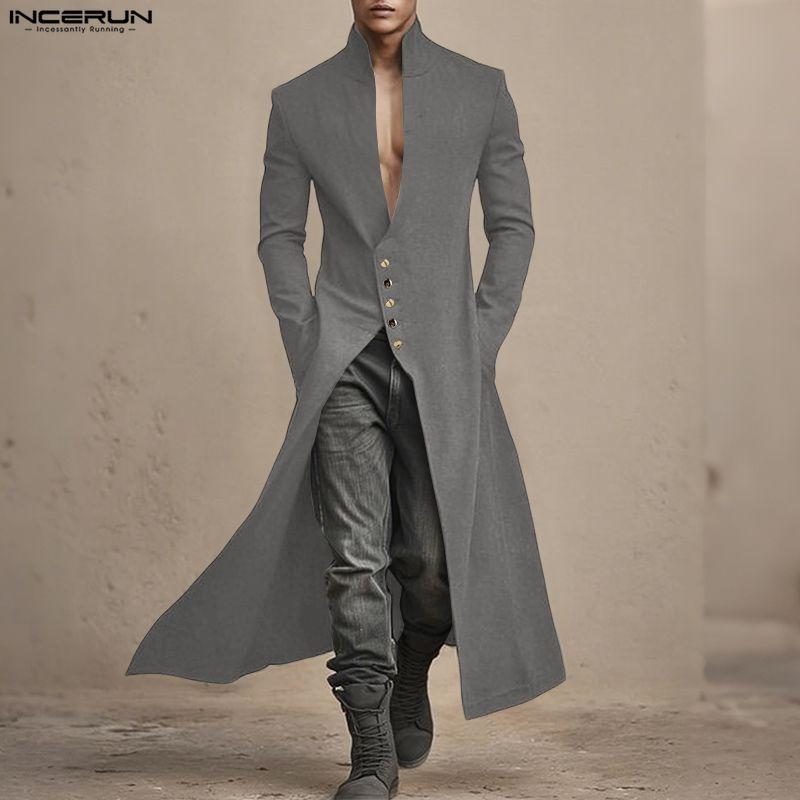 INCERUN Men Turn-down Collar Long Sleeve Button High Splits Long Cardigan Tunic Tops