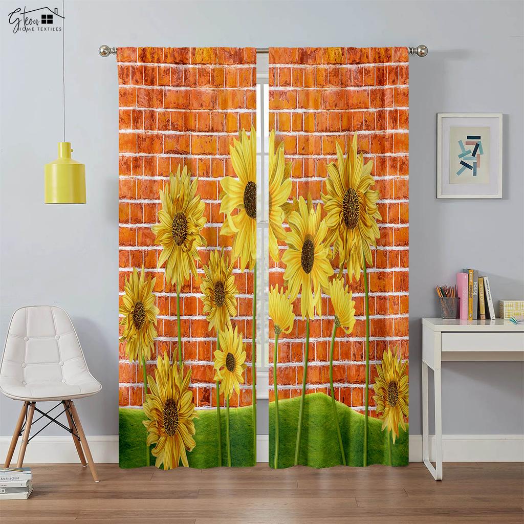 Vorhänge mit Sonnenblumendruck, Retro-Blumenmuster, geeignet für Schlafzimmer, Wohnzimmer, Balkon, dekorative Vorhänge, 2 Stück