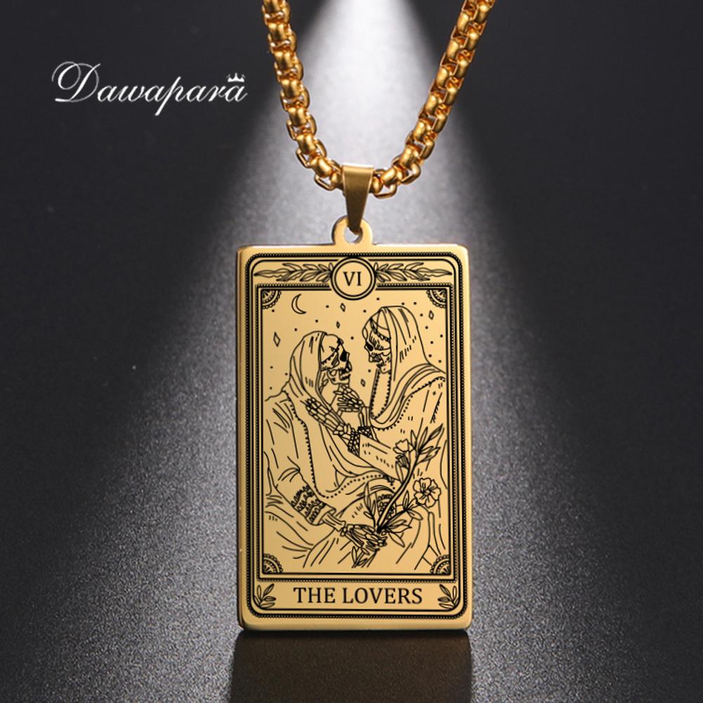 Dawapara Skeleton Tarot Necklace Amulet Marigold Tarot Card Major Arcana Necklaces Halloween Gift Stainless Steel Jewelry