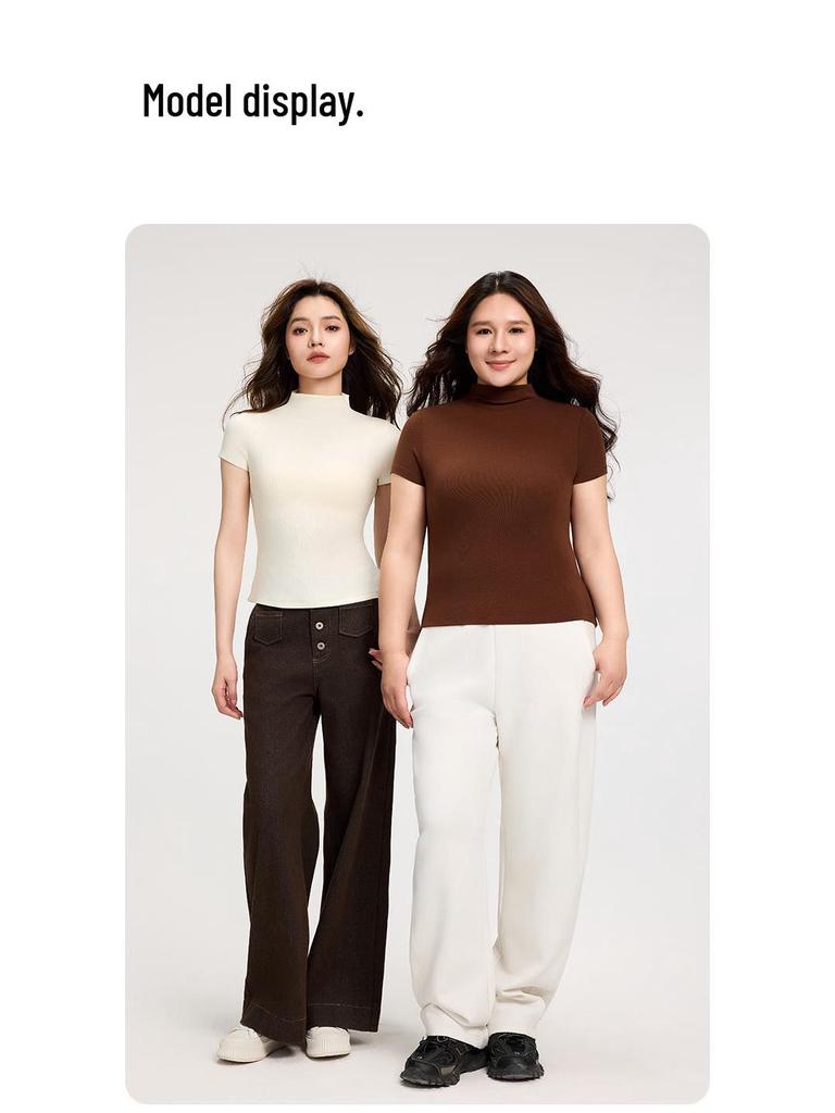 Women's High Neck Short Sleeve Slimming T-Shirt - Solid Color Pullover