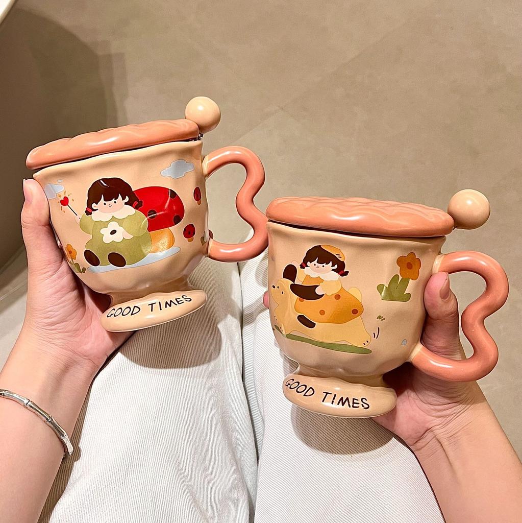 High-value Mug Ceramic Cup with Lid and Spoon Cute Drinking Cup Girls Office Coffee Breakfast Cup