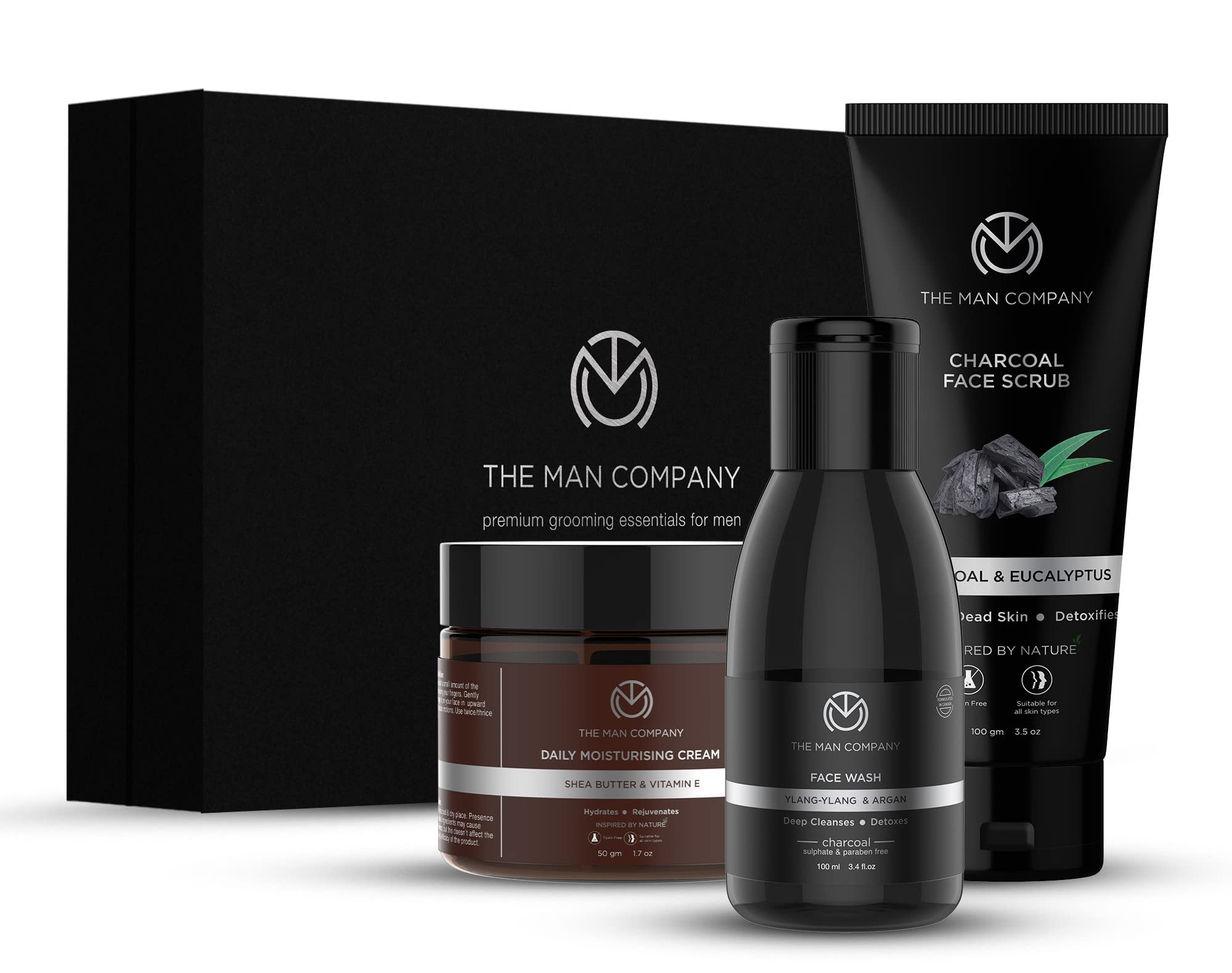 The Man Company Detan Facial Kit - Charcoal Face Wash, Charcoal Scrub, Daily Moisturising Face Cream | Best Detan Care - Pack of 3| Gift set for fr