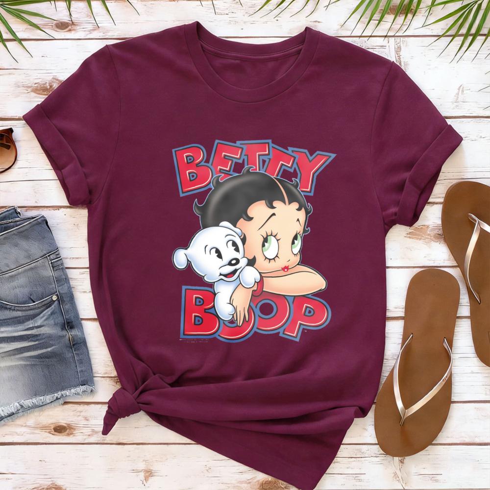 Betty Boop with Pudgy Dog Shirt Vintage Women Summer Cotton Short Sleeve Retro Cartoon Girl Graphic Printed Casual Daily Outfit