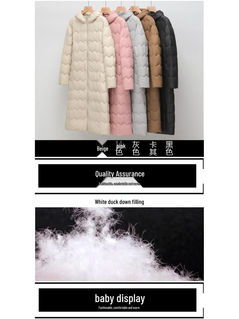 Women's Long Over-the-Knee Lightweight Duck Down Hooded Winter Jacket - Korean Style, Slimming, and Warm.
