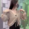 Women's Spring Lantern Sleeve Knitted Cardigan with Tie-Up Batwing Design