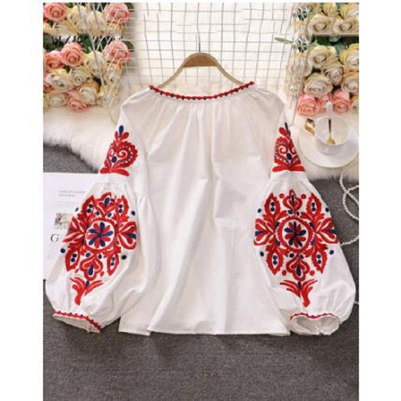 Sweet Style Women Pullover Shirts Embroidery Patchwork Bandage V Neck Lantern Sleeve Spring Summer Blouse