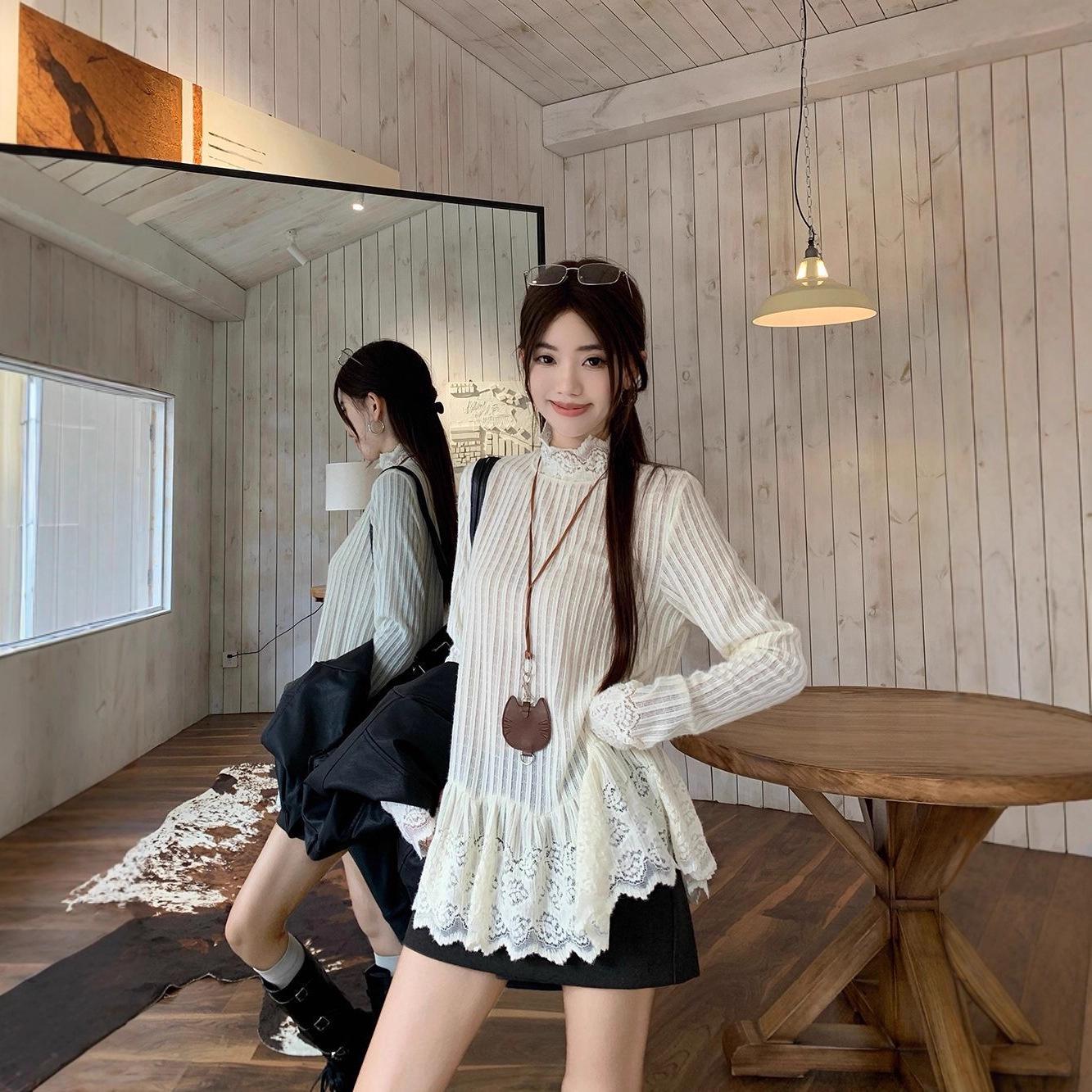 Lace Trim Long Sleeve T-shirt - Chic Women s Base Layer Top Medium белый