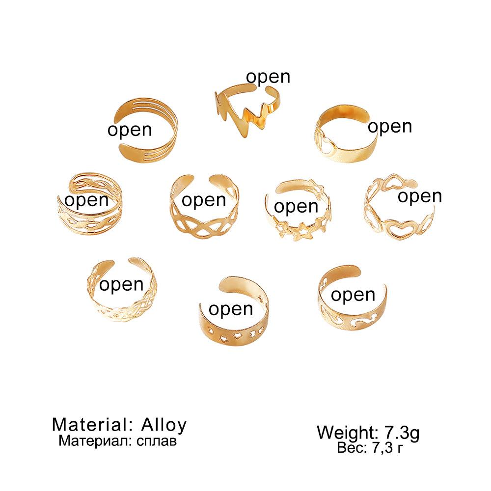 10Pcs Creative Adjustable Toe Rings Set Hollowed Heart Star Opening Toe Ring for Women Fashion Jewelry Gift Accessories