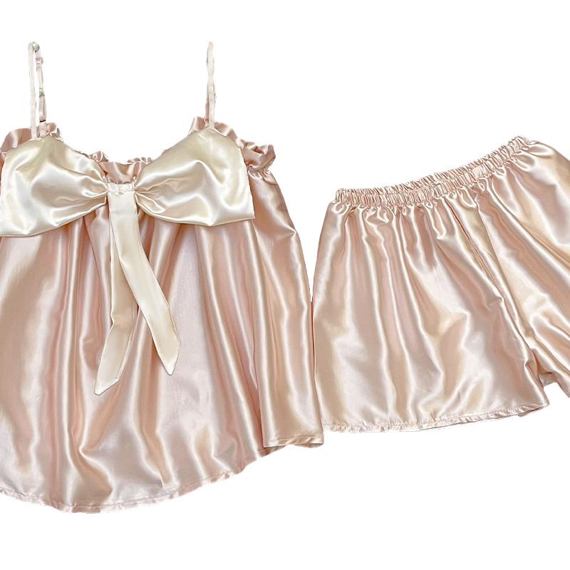 Summer Pajamas Women's Sweet Suspenders Shorts Pure Desire Wind Bow Cute Girls Loungewear Set Tiled