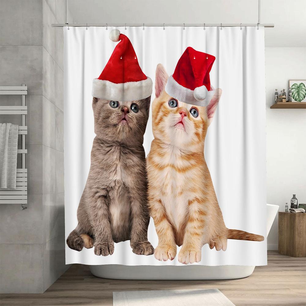 Hats Christmas Santa Cat Shower Curtain Bathroom Decor Waterproof Printed Cat Toys Pet Supplies Cute Home Decoration 180x270cm