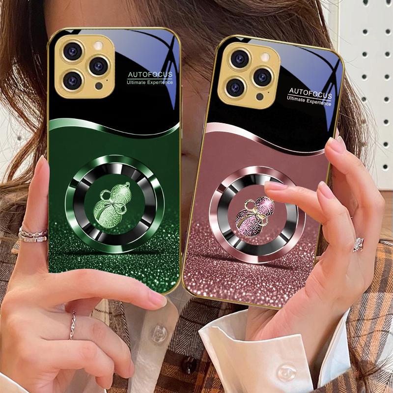 Goldene Glückskürbis Hülle für iPhone 16 16Pro Max 15 Pro 14 13 Plus 12 Mini 11Pro Max XS Max XR Goldene gehärtete Glas Handyhülle