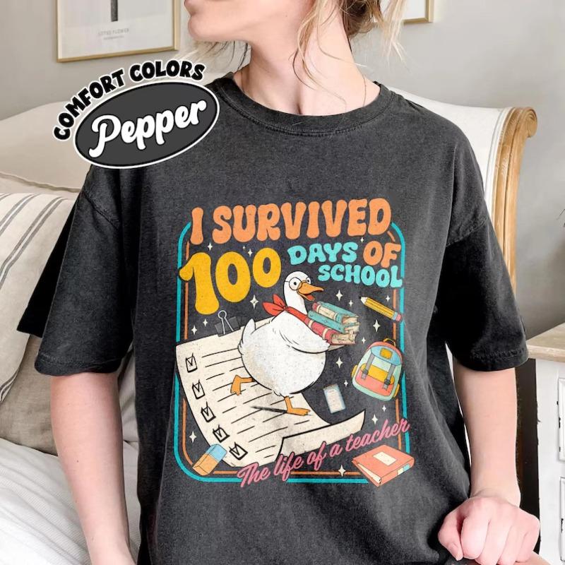 

I Survived 100 Days of School Shirt The Life of a Teacher Tshirt Team EleUnisextary School Gifts Funny Meme Goose Tee S