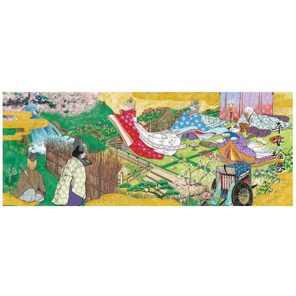 Past and Present Cat Series Hand Made in Original Period Picture Towel, Japan, Cat, Maiko, Kabuki, Firefighter, Tokaido, Courtesan, (Heian Scroll)