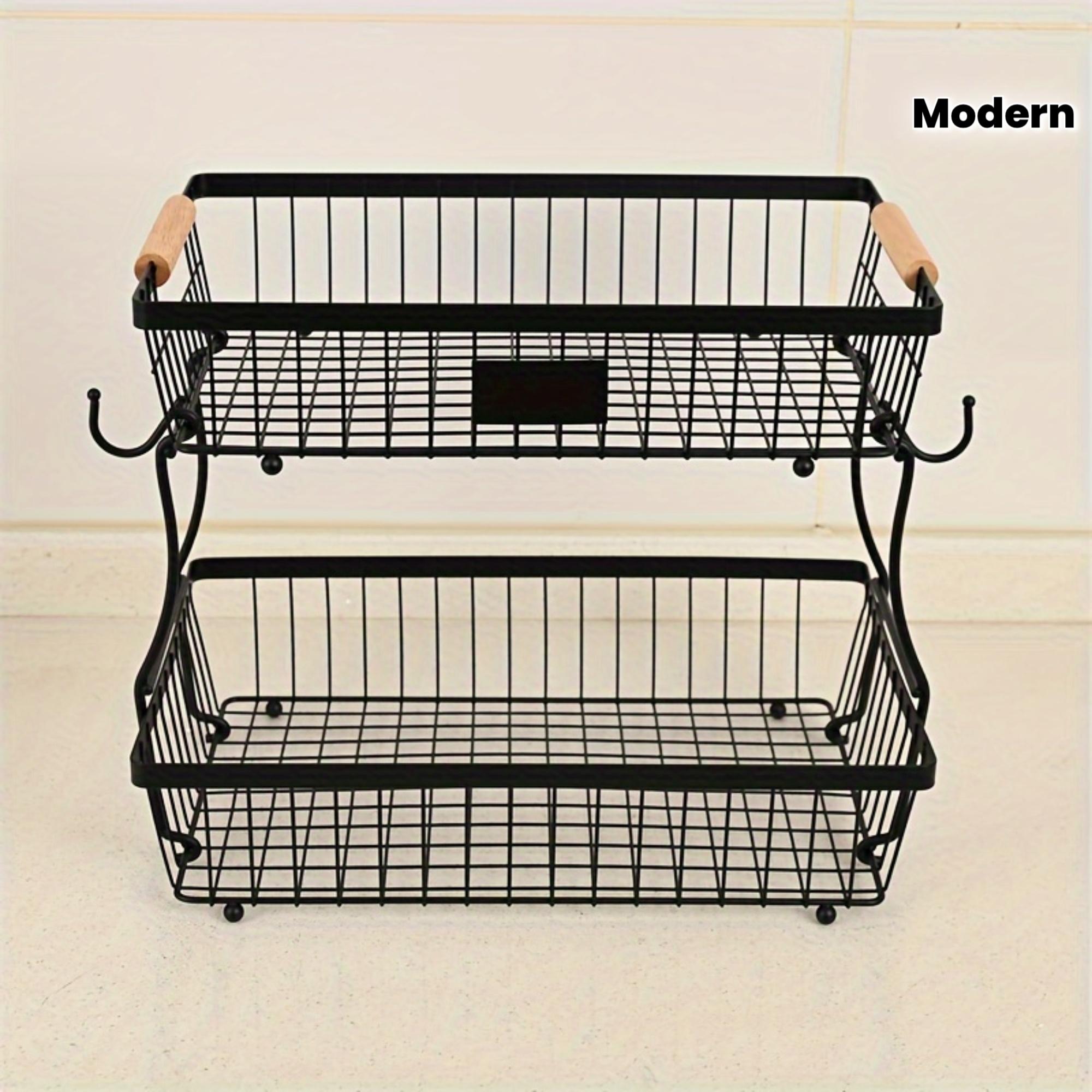 

2-Tier Metal Fruit Basket with Banana Hooks, Durable Black Wire Storage Rack for Kitchen Countertop, Multi-Functional Storage чёрный