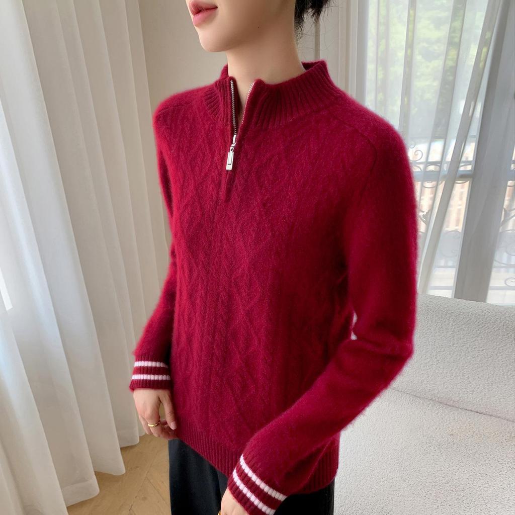 2025 Women's Autumn/Winter Half-Zip Stand Collar Cashmere Knit Sweater - Loose, Slimming, Thick Base Layer