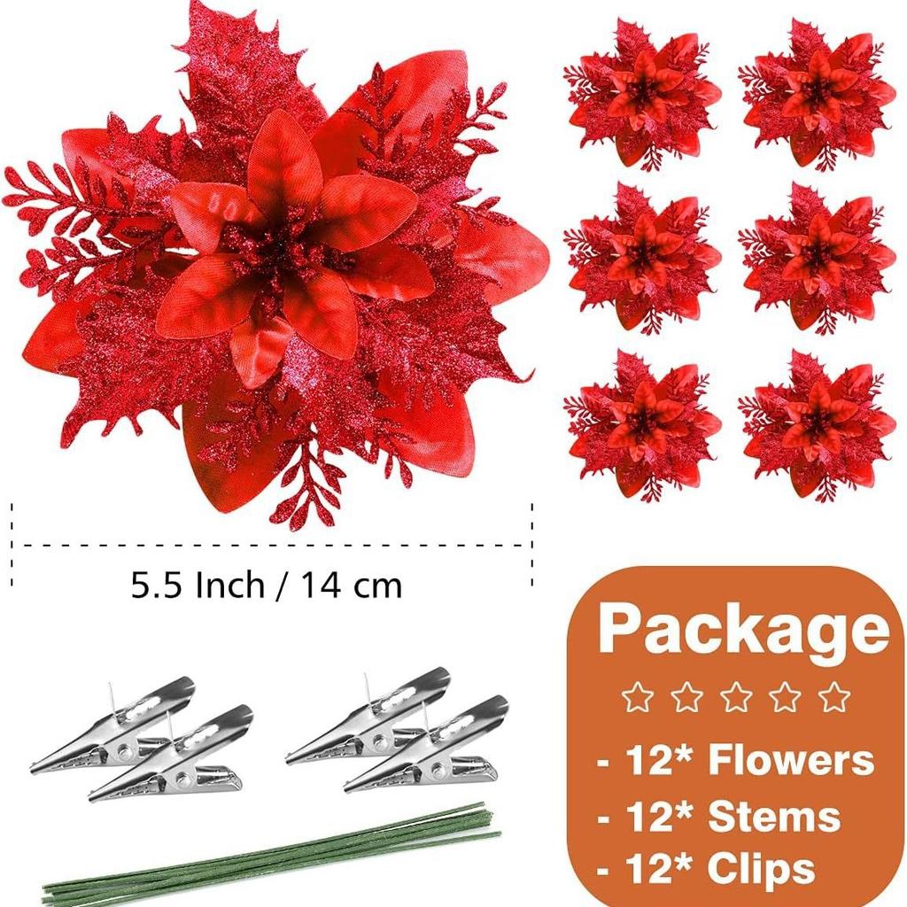 D5 12PCS Artificial Glitter Christmas Flowers with Clip for Xmas Tree Ornament Fake Flower Floral New Year Party Home Decoration
