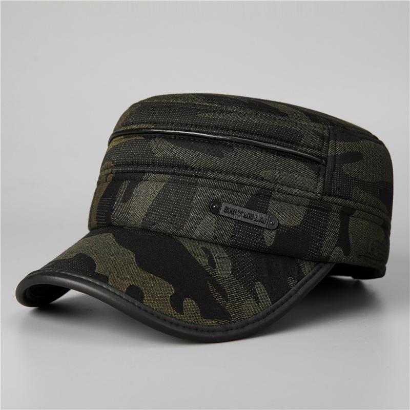 Winter old man hat men's warm camouflage flat top hat cotton old man fleece ear protection cap