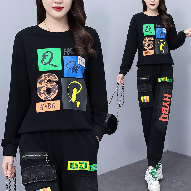 

Осенний модный костюм женский корейская версия тонкий и скрывает живот свободный свитер джинсовый двойка большого размера женский XXL