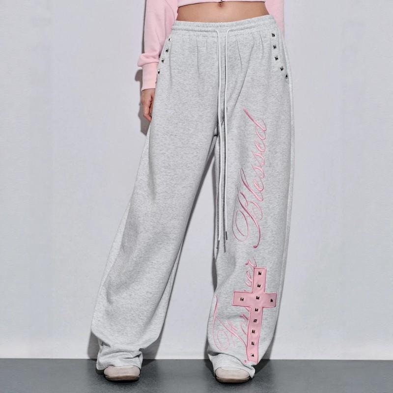 Y2K Cross Rivet Embroidered Sweatpants Women Loose Straight Leg Casual Track Pants