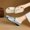 Fashion Women's New Summer Round Head Genuine Leather Cowhide Metal Belt Buckle, Middle Heel, Toe Cover, Mueller Slippers