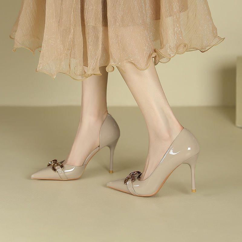 Sexy patent leather metal buckle pointed single shoes spring and autumn new design sense niche high heels women