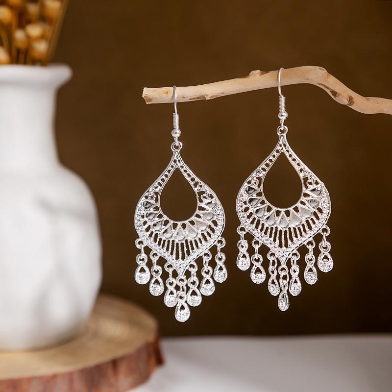 Ethnic Miao Silver Style Long Tassel Earrings with Ancient Scenic Stud Design for Women