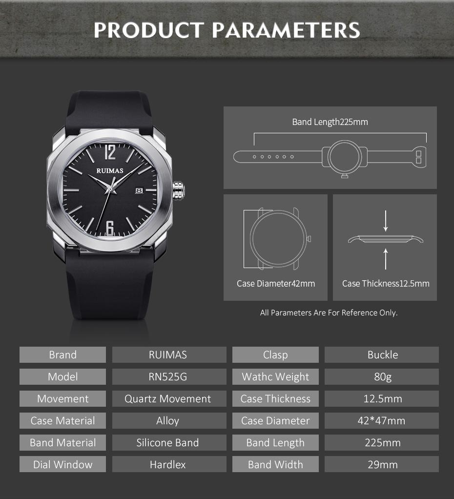 RUIMAS Luxury Silicone Band Quartz Sport Watches for Men Waterproof Calendar Casual Large Dial Wristwatch Clock Montre Homme 525