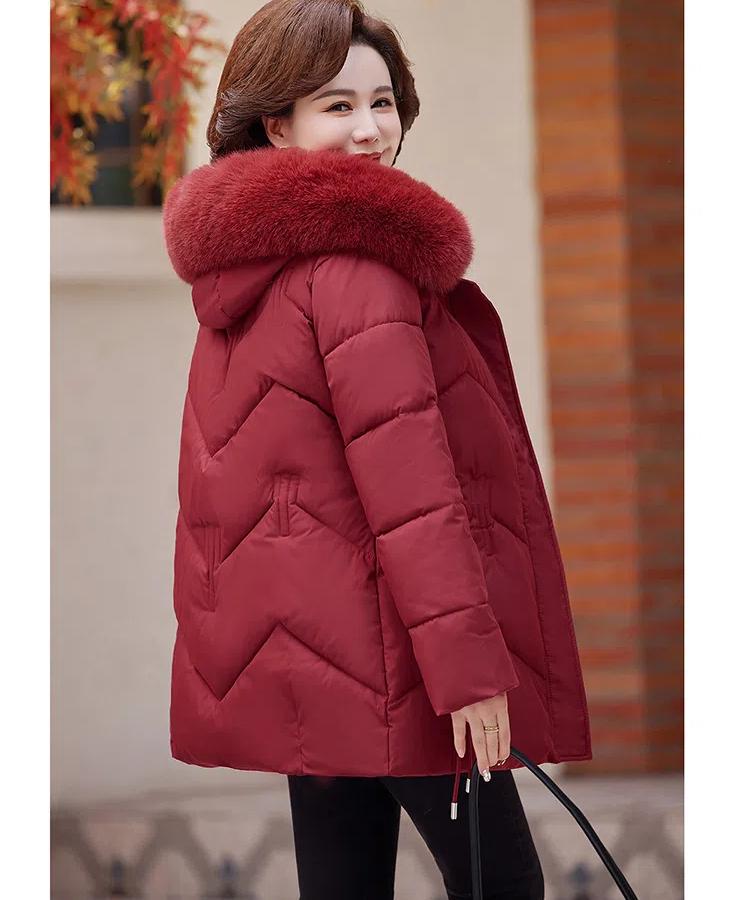 Jaqueta Feminina de Outono e Inverno Cor Sólida com Capuz Gola de Pele Moda Solta Espessa à Prova de Vento Comprimento Médio Jaqueta de Mãe