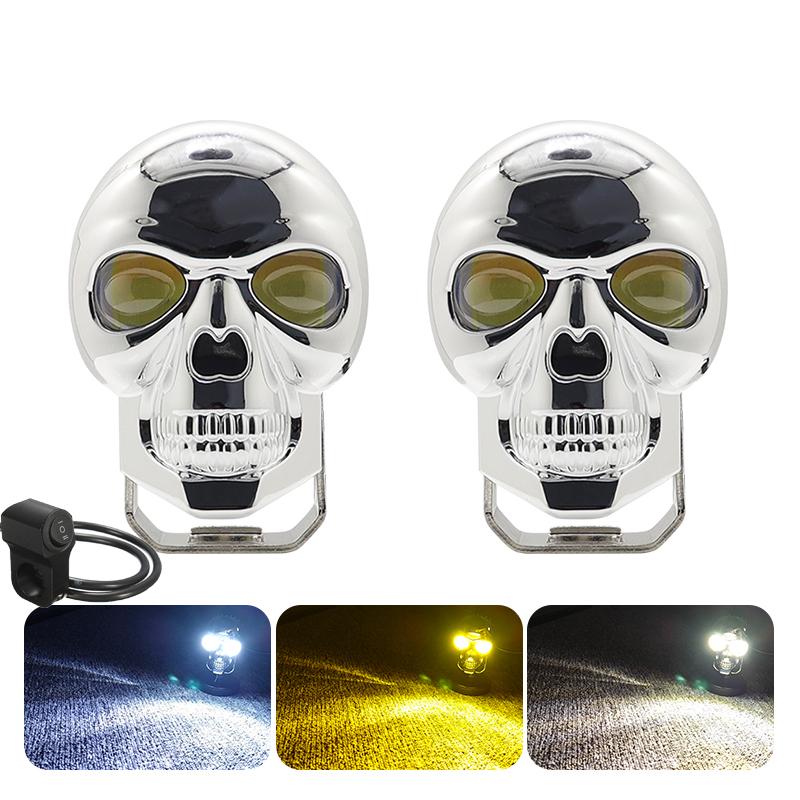 Motorcycle LED Skull Headlight Work Spot Driving Fog Light Dual Color Spotlights for Motorbike Truck Trailer Offroad ATV SUV