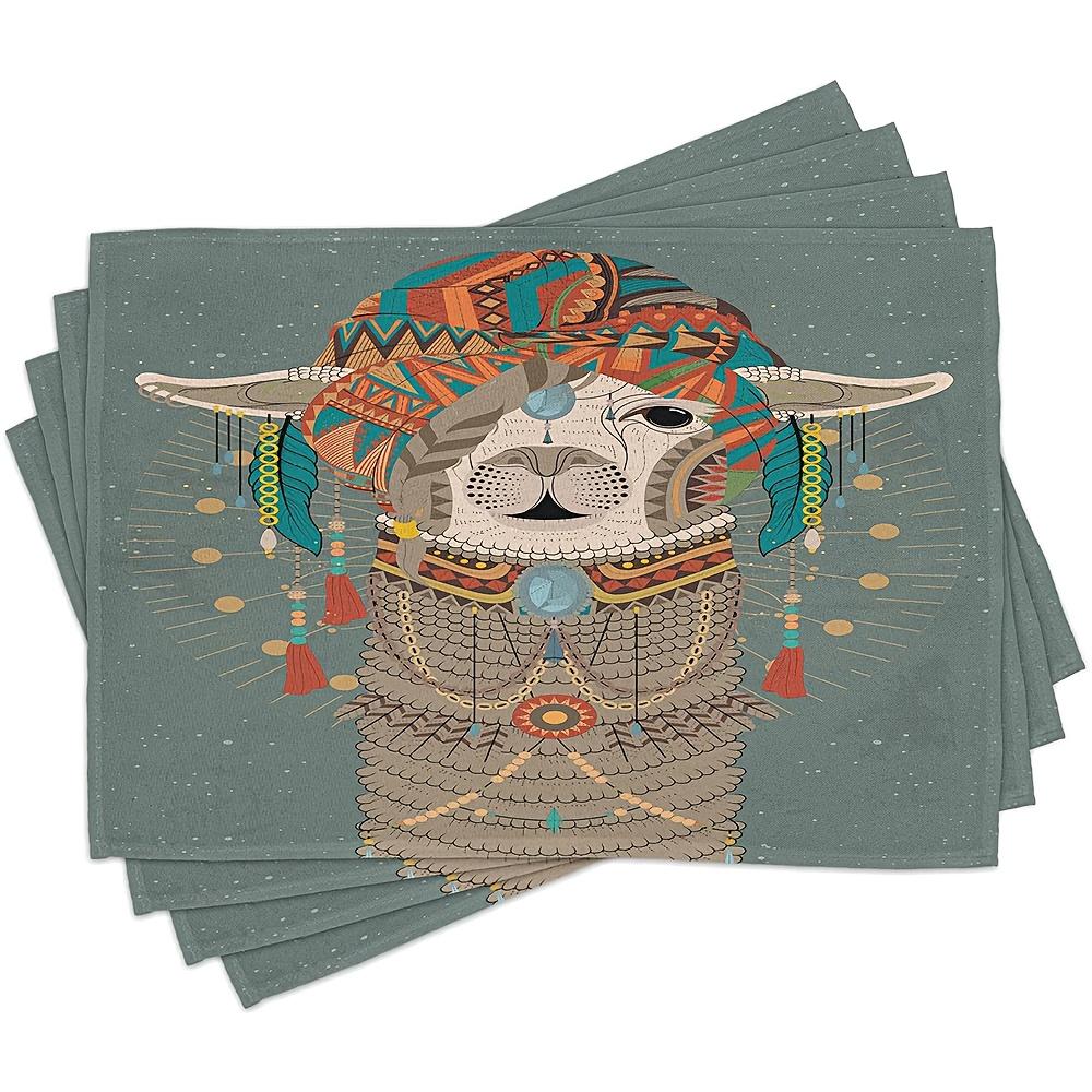 

Llama Place Mats Set of 4, Oriental Vibe Colorful Illustration of Alcapa Animal with Eastern Ornaments Print, Washable Fabric 30x45cm-4PC