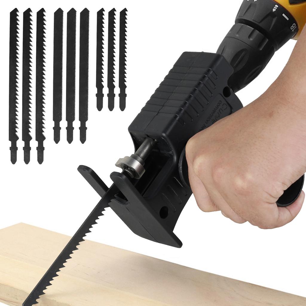 Portable Reciprocating Saw Adapter Kit Electric Drill Converter Modified Tool with Ergonomic Handle and 9 Saw Blades