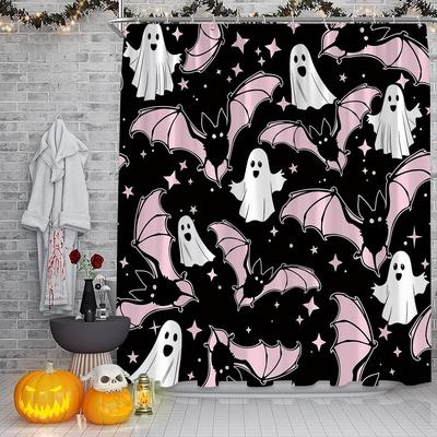 Halloween Shower Curtain Black White Ghost Pink Bat Stars Funny Cartoon Spooky Scary Horror Happy Halloween Holiday Fabric