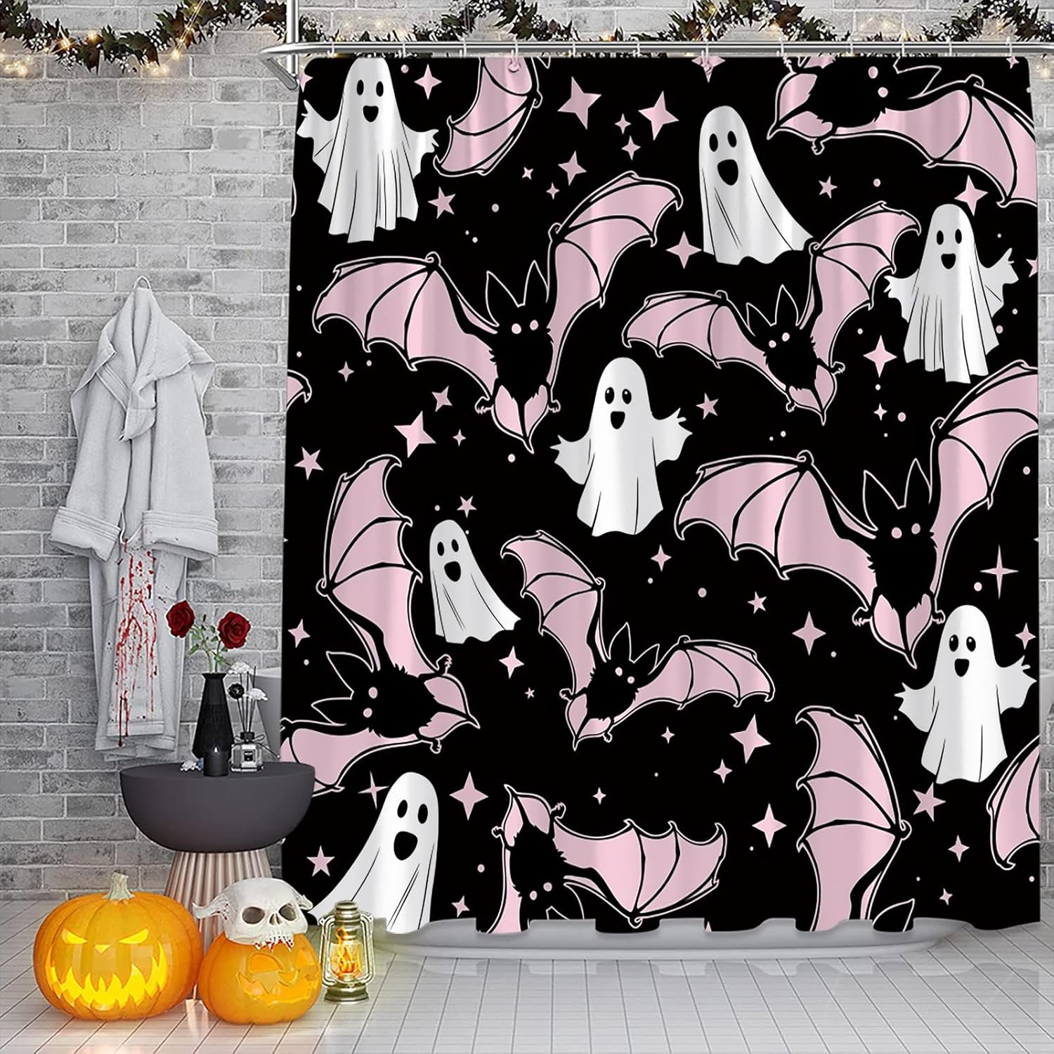 

Halloween Shower Curtain Black White Ghost Pink Bat Stars Funny Cartoon Spooky Scary Horror Happy Halloween Holiday Fabric W60H190(CM)-1 Pcs