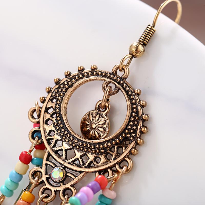 RUI RUI YU Retro Ethnic Style Hollow Out Carving Colors Beads Feather Tassel Earrings