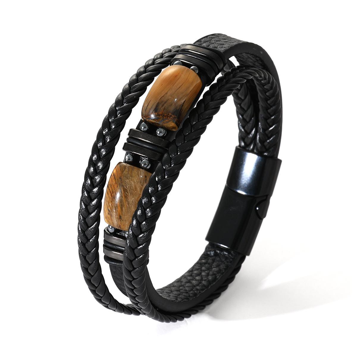 

Men s Multi-layer Tiger Eye Stone Beaded Leather Bracelet with Magnetic Buckle 8.5 inches