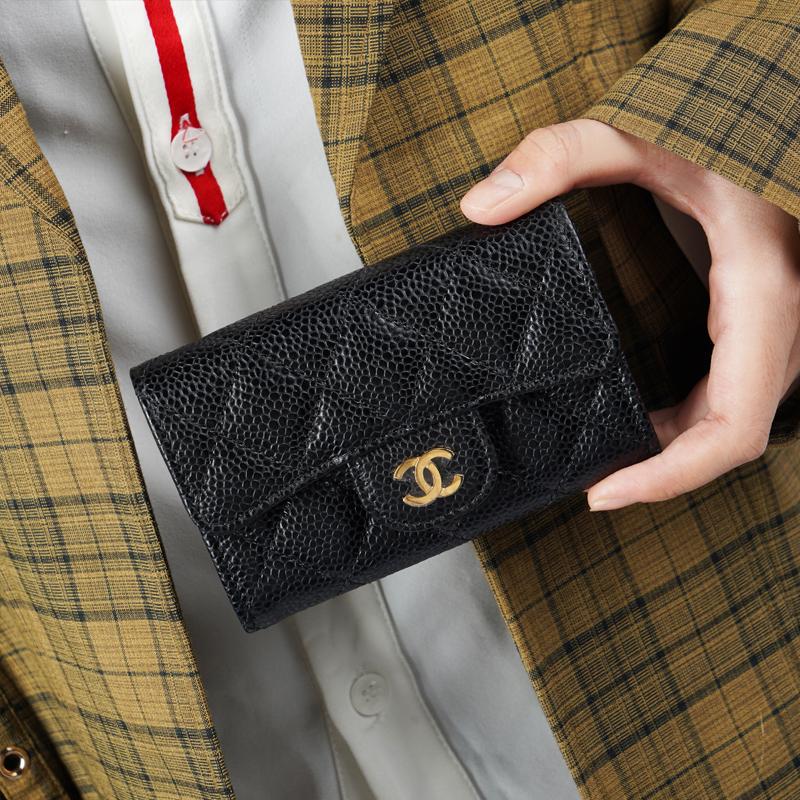 Chanel Classic Gold Buckle Flap Quilted Grainy Leather Wallet Women Wallet Black AP0214-Y01864-C3906