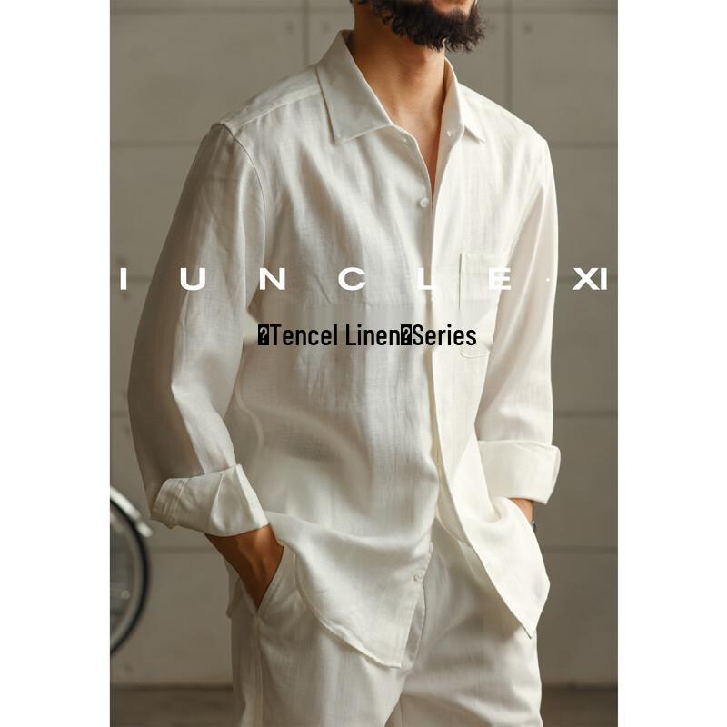 iunclexi Men s Tencel Linen Long-Sleeve Shirt XL белый