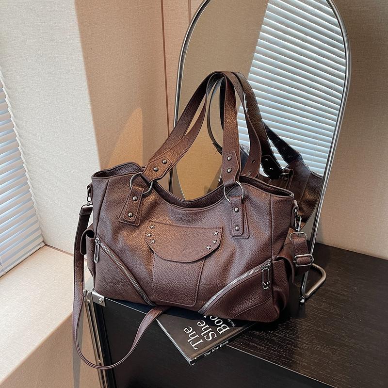 PU Shoulder Bag Women's Fashion Tote with Star Stud Detail and Dual Side Zip Pockets