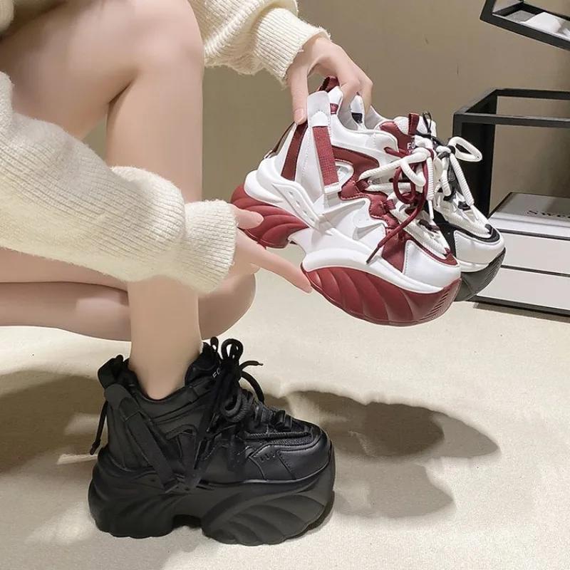 Fashion Women high-quality Platform Casual Leather Shoes 2025 New spring Lace-up Chunky Sneakers Wedges Hidden Heels Leisure Shoes Woman