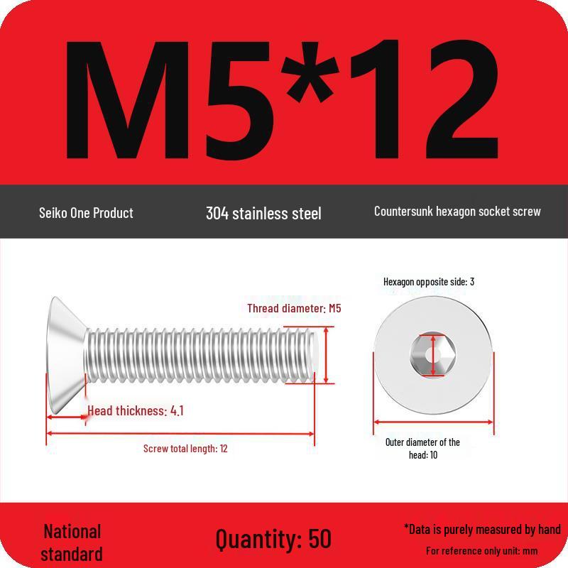 M2-M10 Stainless Steel Flat Head Machine Screws and Bolts Set, Countersunk Hex Socket Cap, 304 Grade.