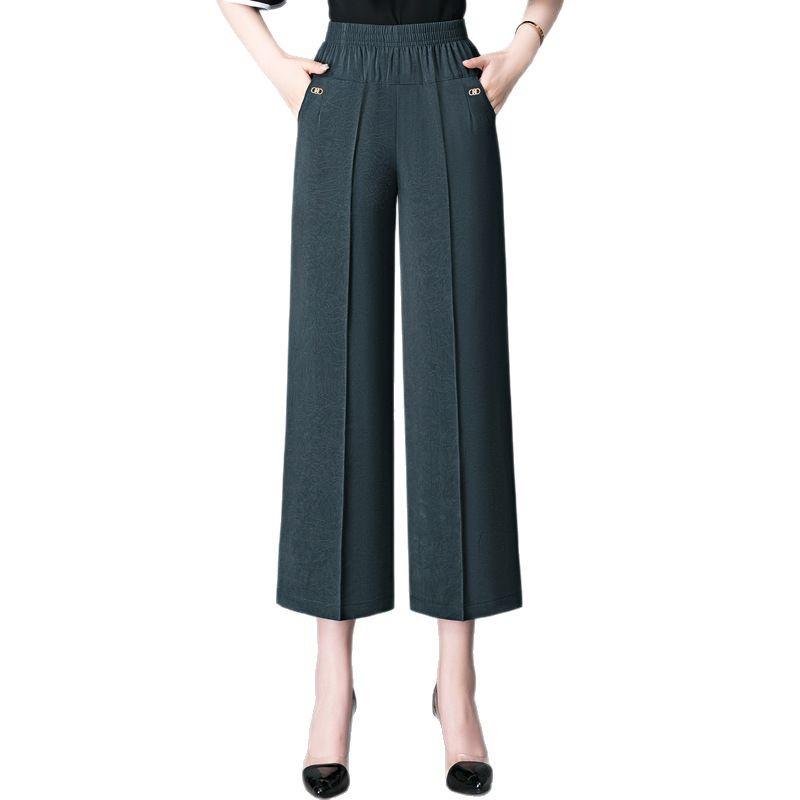 Mom's Casual Cropped Pants Straight Leg High Waist Summer Ice Silk Women's Wide Leg Pants for Middle-aged and Elderly People