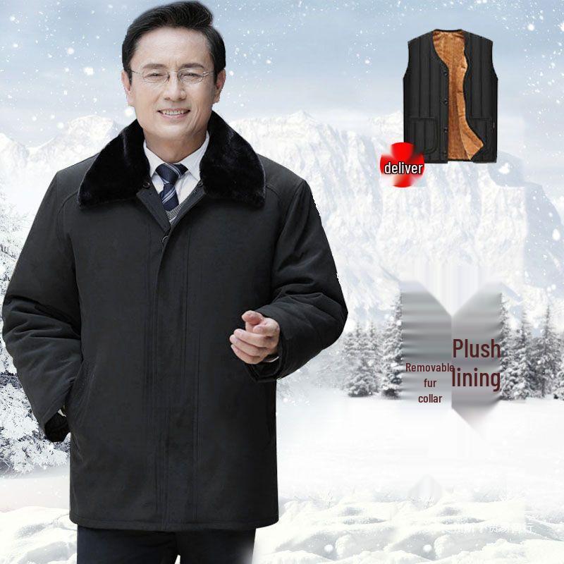Mid-length Men's Winter Jacket: Warm, Thickened Cotton with Velvet, Genuine Product for Middle-aged and Elderly.