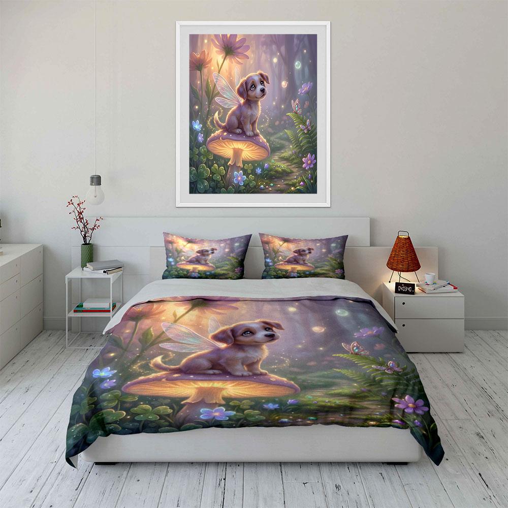Fairy Dog In Enchanted Forest Printed Duvet Cover Set1 Duvet Cover+2 Pillowcasemulti Size Bedroom Bedding Decor Luxury Gift