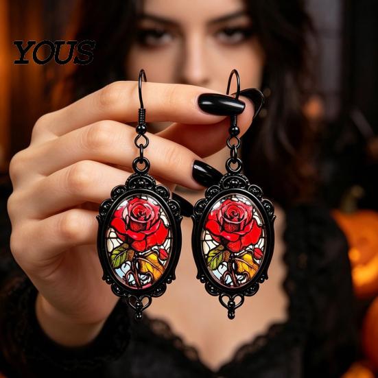 Gothic Earrings for Women 1 Pair Halloween Flower Earrings, Matte Black Oval Alloy Vintage Dangle Lightweight Stained Glass Rose Patterns Jewelry