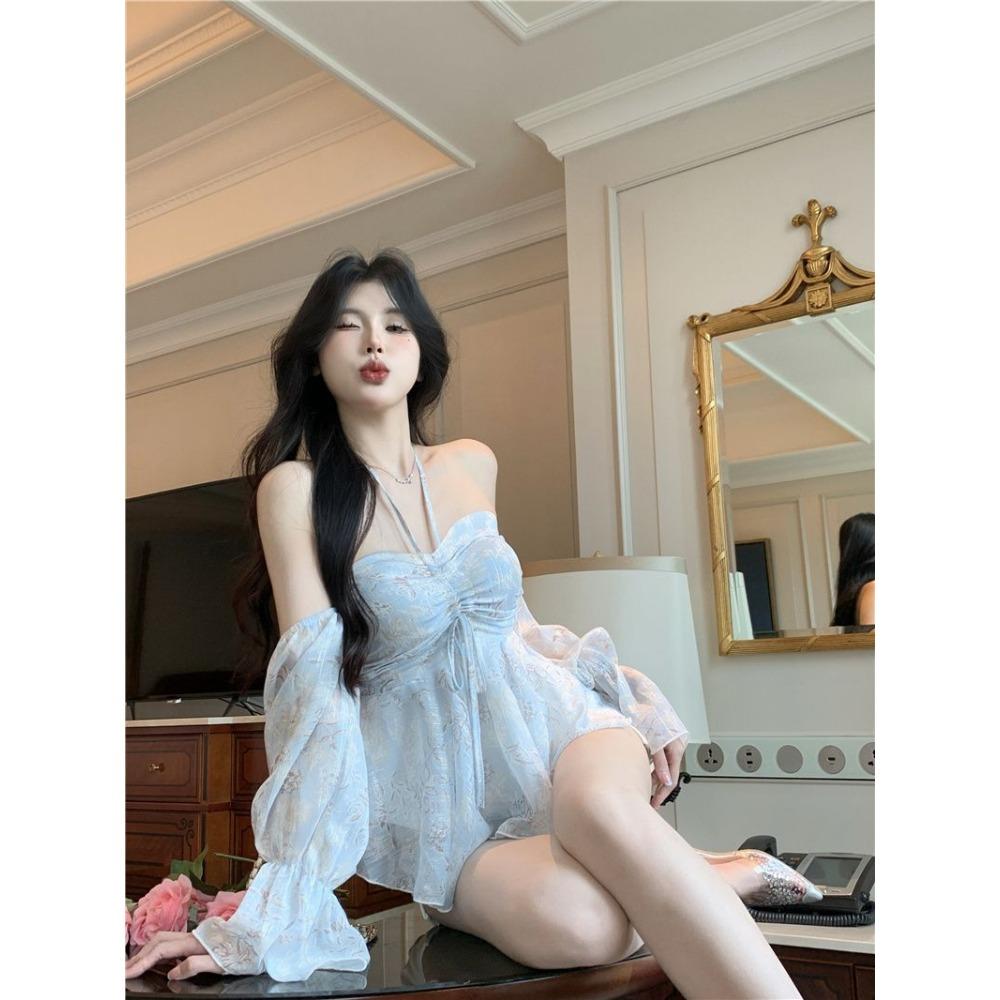 Sweet Spicy Sexy Blouse Blue Floral Chiffon Hanging Elegant Neck with One Shoulder Sleeves Vintage Detachable All-match Shirts