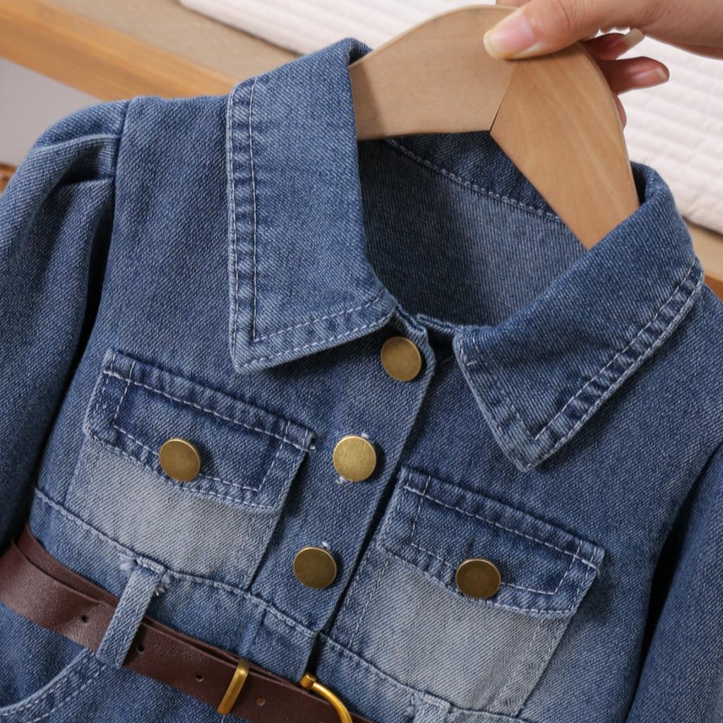 Nouvelle Robe en Denim Tendance pour Petites Filles, Manches Longues Style Coréen, Printemps et Automne, Col Rabattu, Robe en Denim Cintrant la Taille