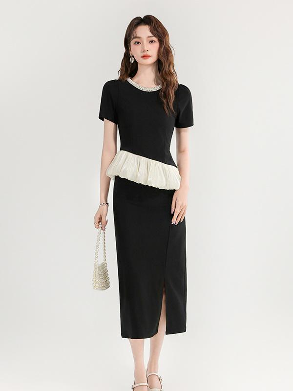 Summer Celebrity Chic Beaded Two-Piece Set with Ruffle Slit Skirt