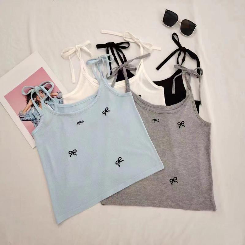 Women's Bow Embroidery Knitted Camisole Slim Sweet Crop Top